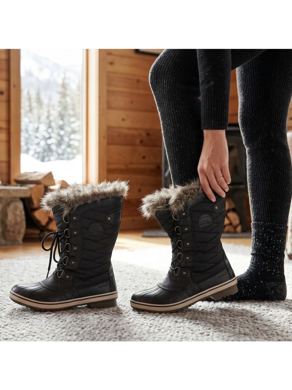 Sorel Snow Boots Womens 8 Black Quilted Mid Calf Faux Fur Lace Up LL3654-010